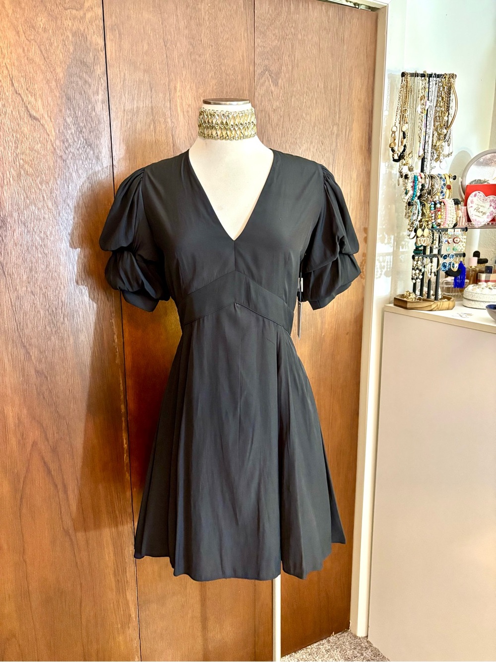 1. STATE NWT Black V-Neck Puff Sleeve High-Low Dress / Fit & Flare Dress | Small